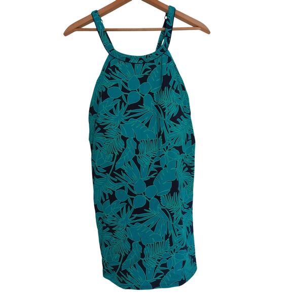 Lands End Swimsuit 16 Green Navy Blue Floral Swim Dress One Piece Padded Brief - Picture 1 of 7